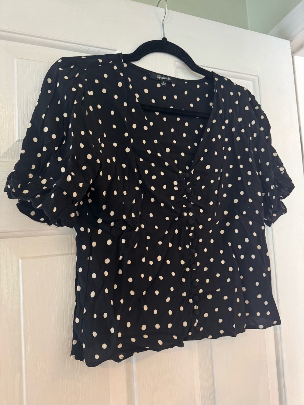 Madewell Black Polka Dot Tie-Front Puff Sleeve Top